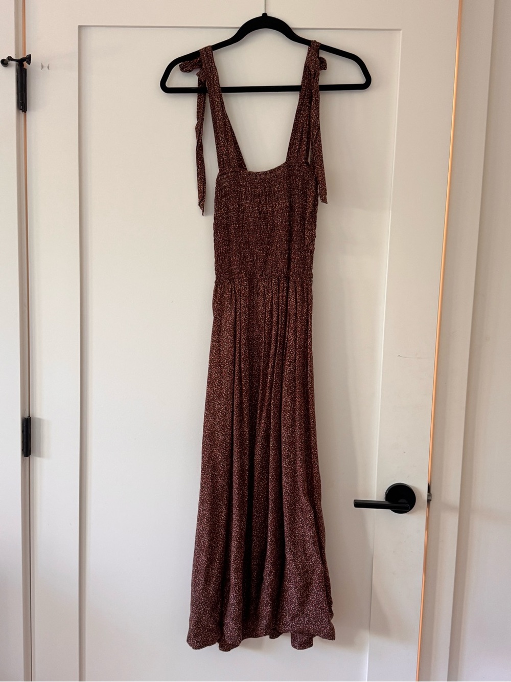 Doen Smocked Tie-Strap Maxi Dress in Brown